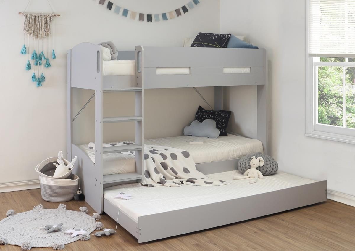 Grey and white store bunk beds