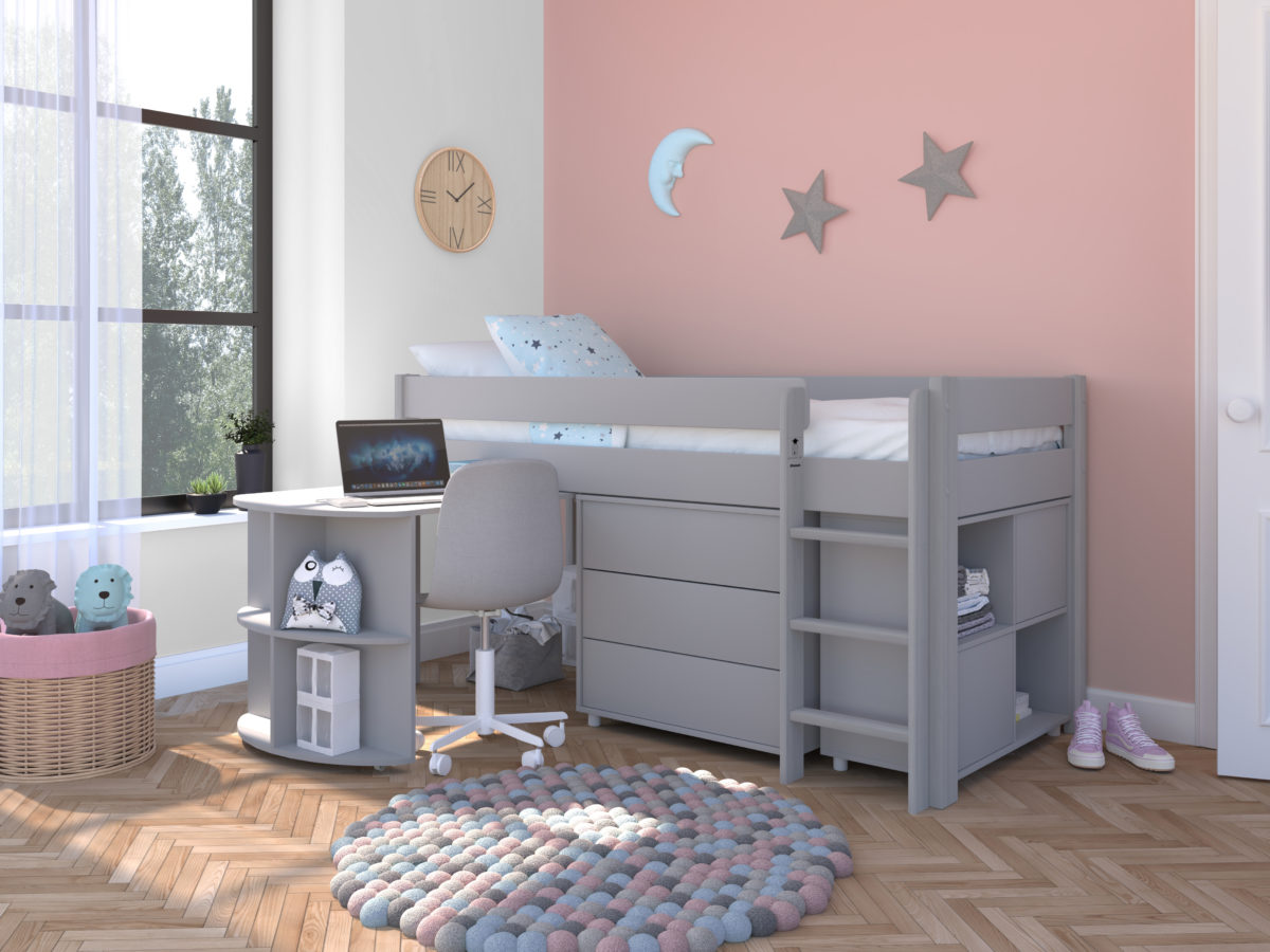 Stompa Uno Midsleeper with Pull-Out Desk and 3 Drawer Chest - Grey Kids ...